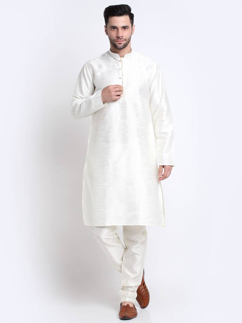 Men Cream Kurta & Churidar with Grey Nehru Jacket