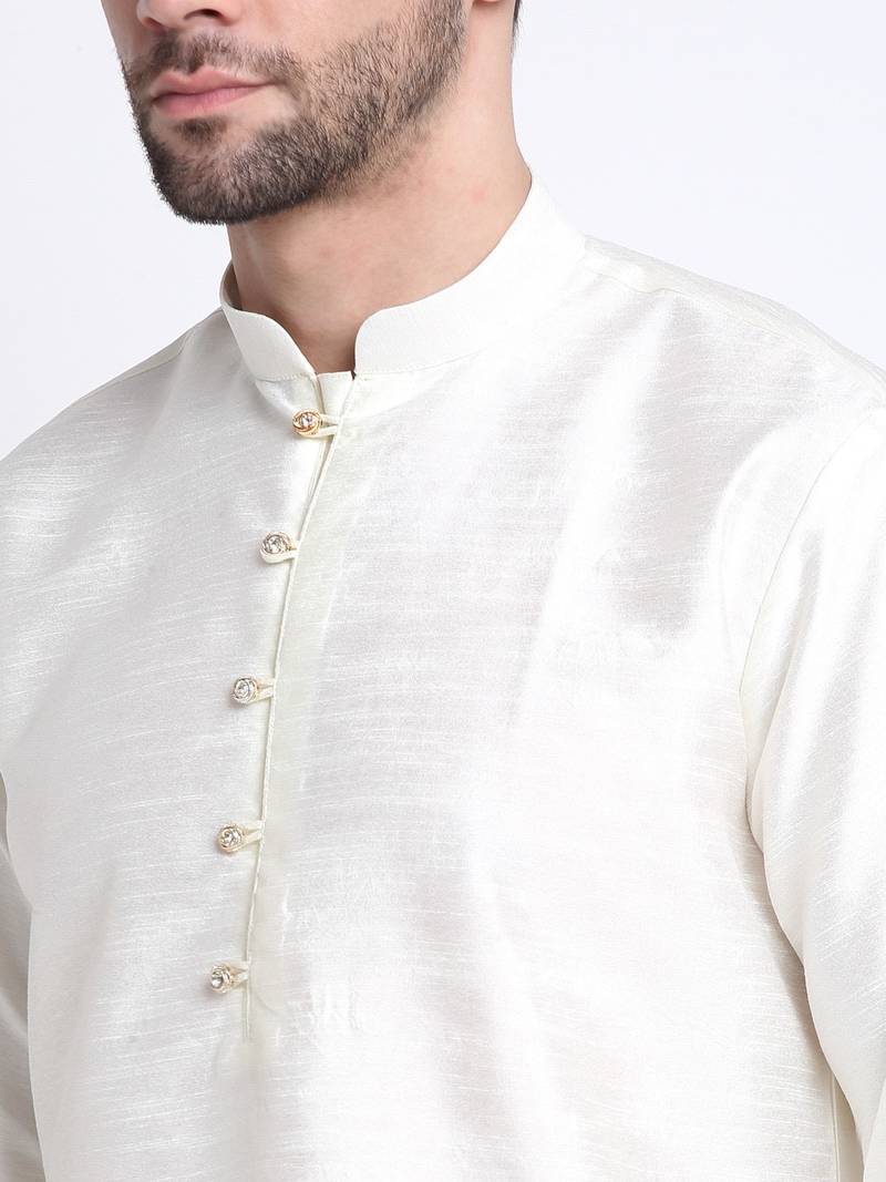 Men Cream Kurta & Churidar with Grey Nehru Jacket