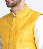 Men Cream Kurta & Churidar with Yellow Nehru Jacket
