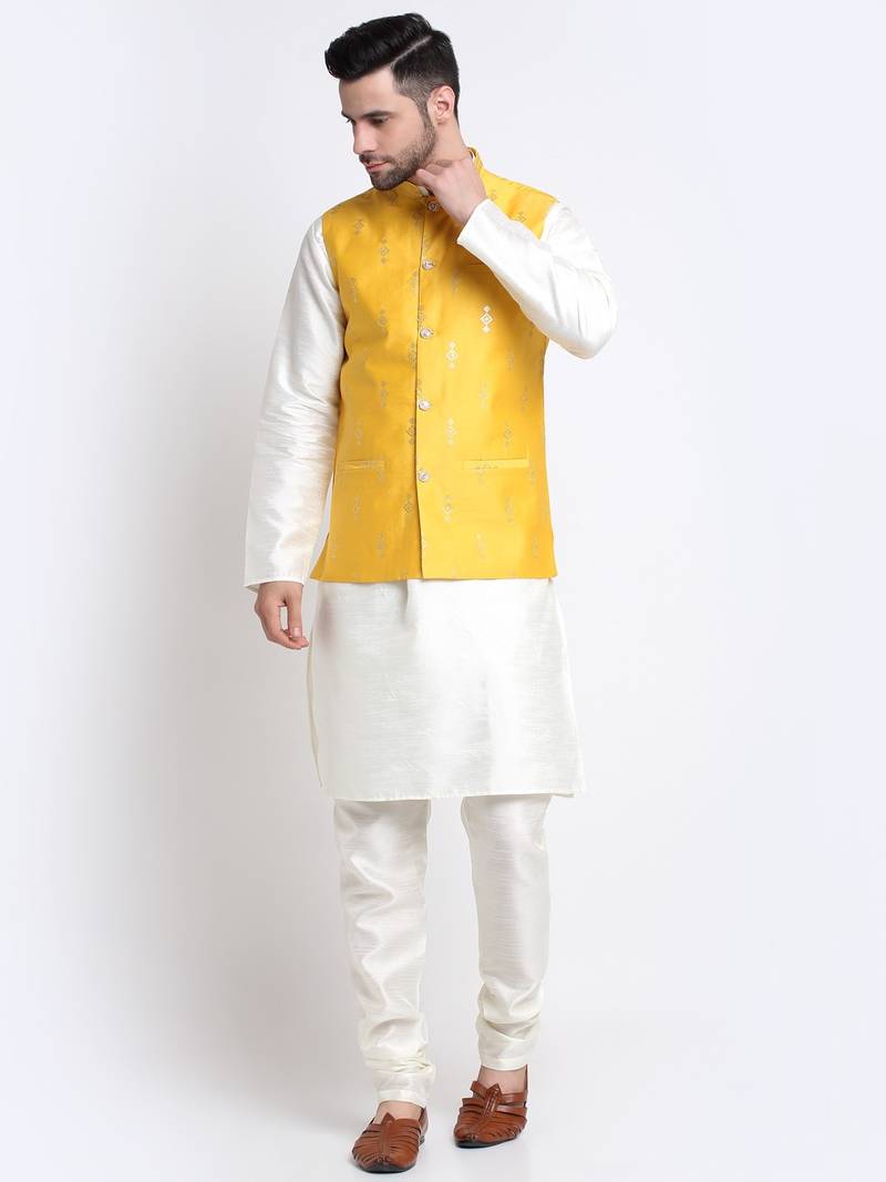 Men Cream Kurta & Churidar with Yellow Nehru Jacket
