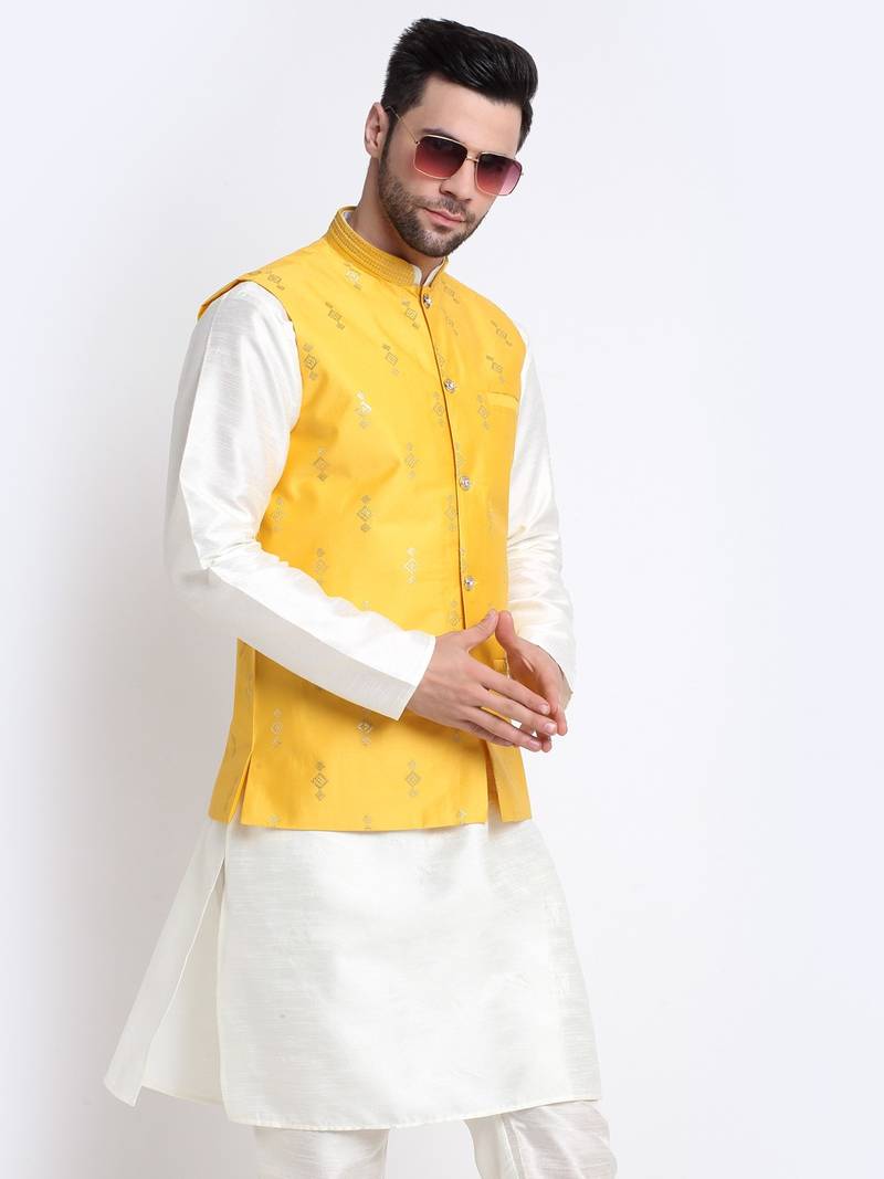 Men Cream Kurta & Churidar with Yellow Nehru Jacket