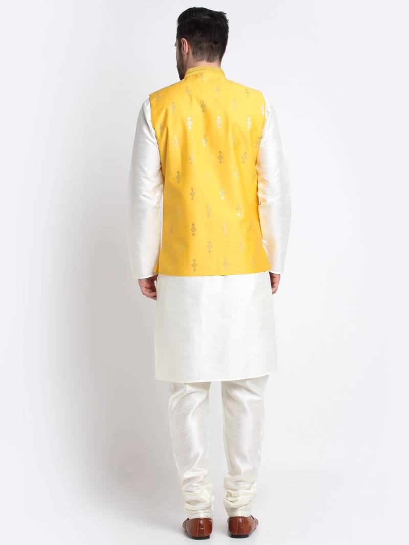 Men Cream Kurta & Churidar with Yellow Nehru Jacket