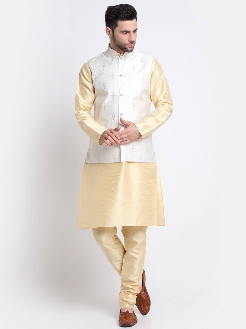 Men Fawn Kurta & Churidar with Cream Nehru Jacket