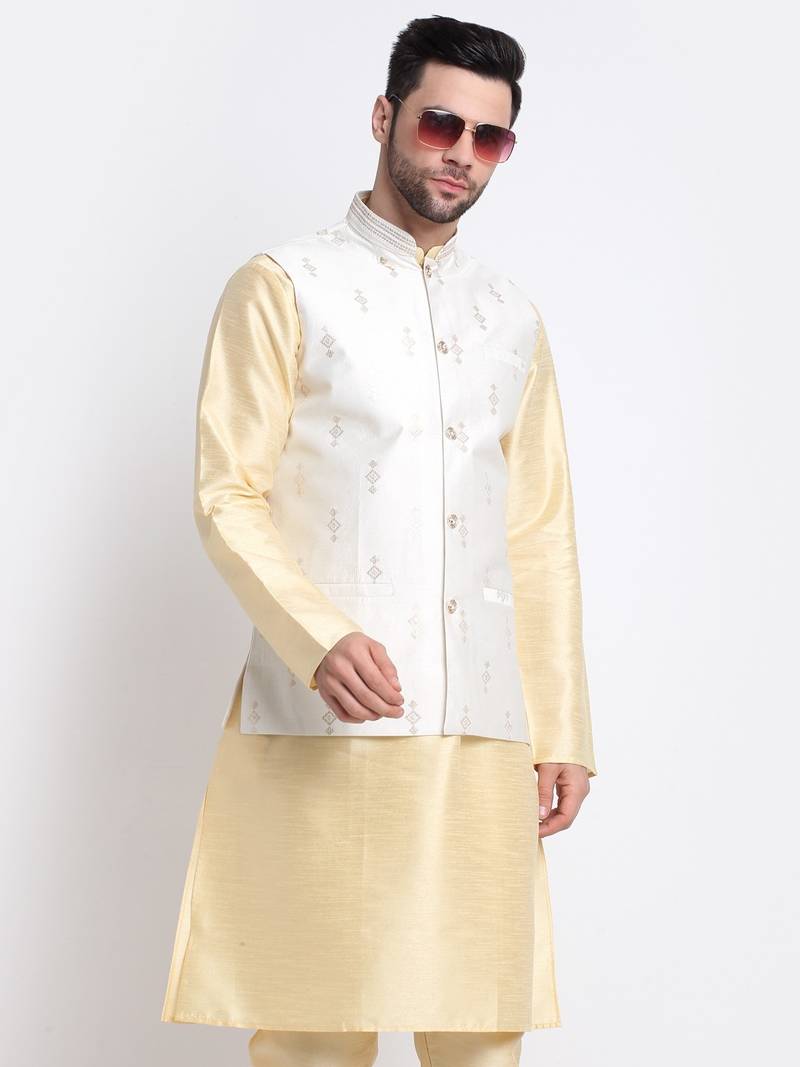 Men Fawn Kurta & Churidar with Cream Nehru Jacket