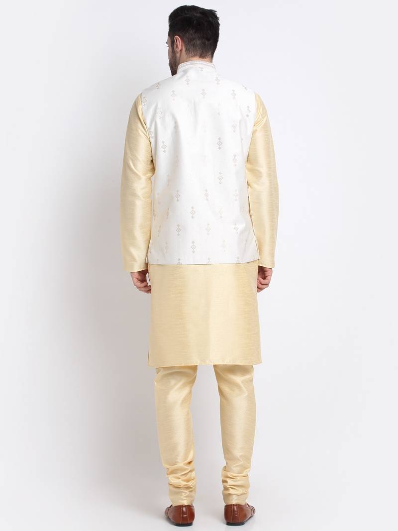 Men Fawn Kurta & Churidar with Cream Nehru Jacket