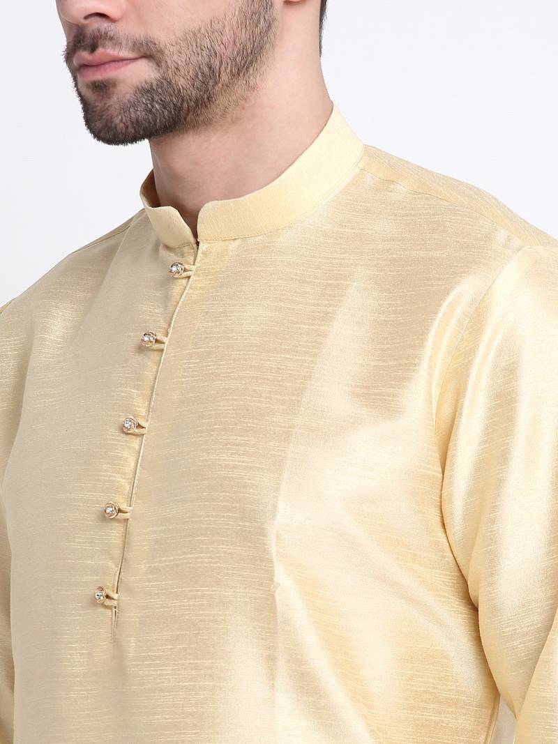 Men Fawn Kurta & Churidar with Cream Nehru Jacket