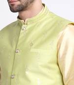 Men Fawn Kurta & Churidar with Green Nehru Jacket