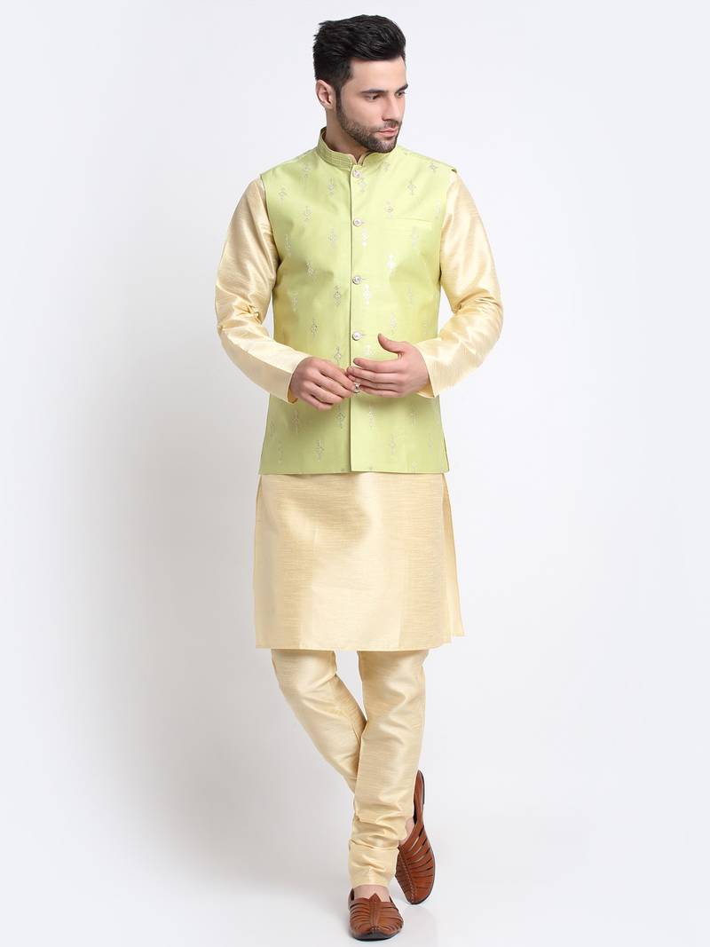 Men Fawn Kurta & Churidar with Green Nehru Jacket