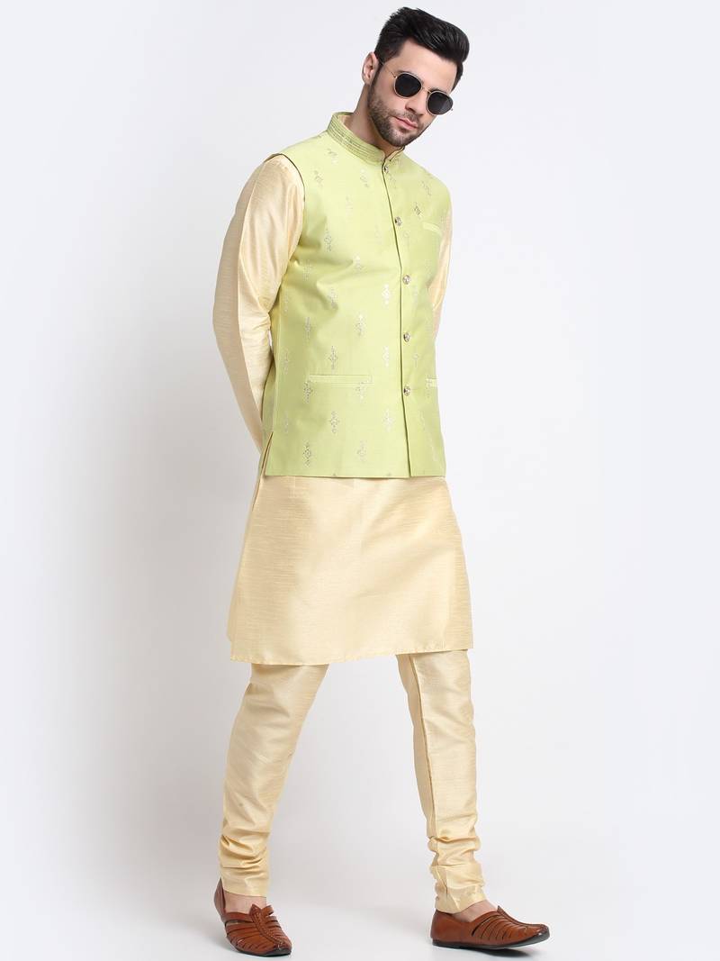 Men Fawn Kurta & Churidar with Green Nehru Jacket