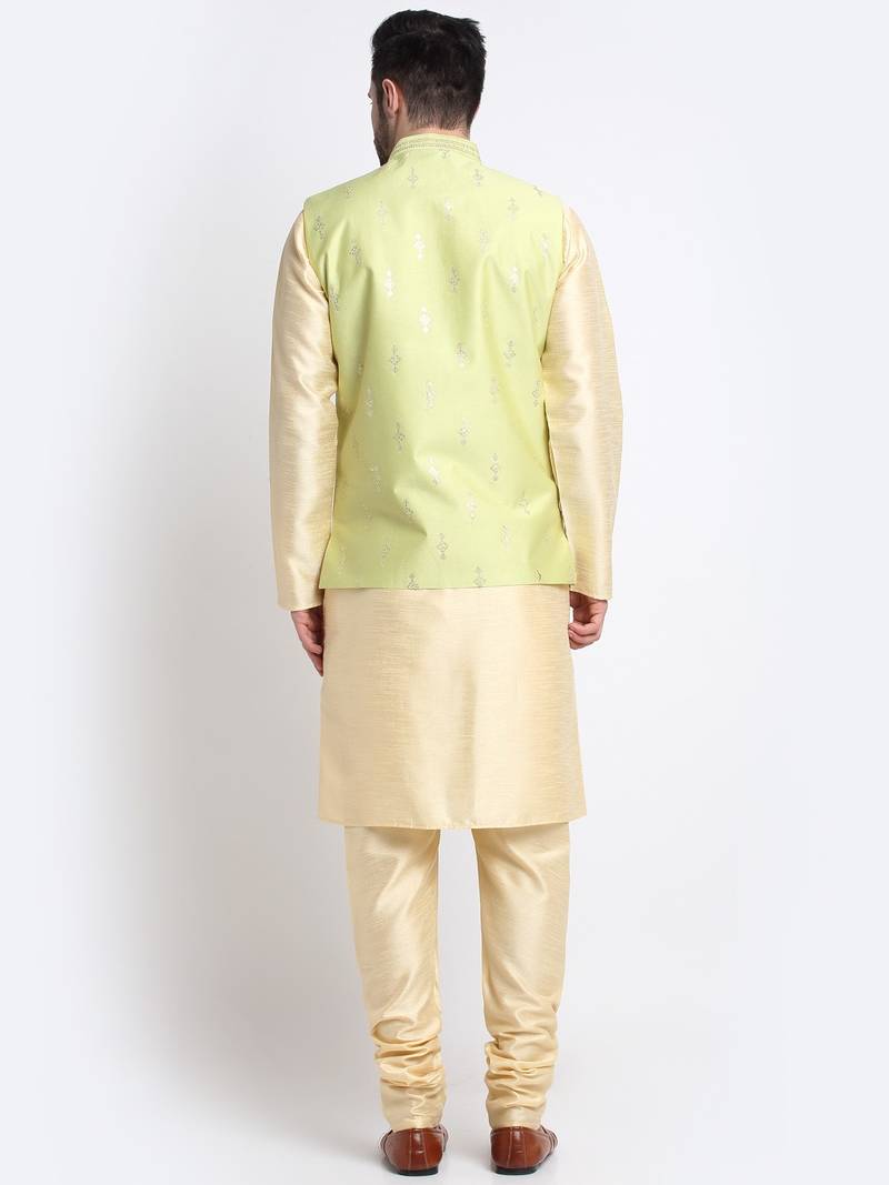 Men Fawn Kurta & Churidar with Green Nehru Jacket