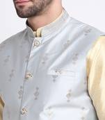 Men Fawn Kurta & Churidar with Grey Nehru Jacket