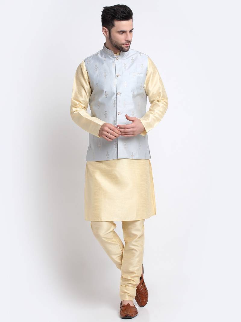 Men Fawn Kurta & Churidar with Grey Nehru Jacket