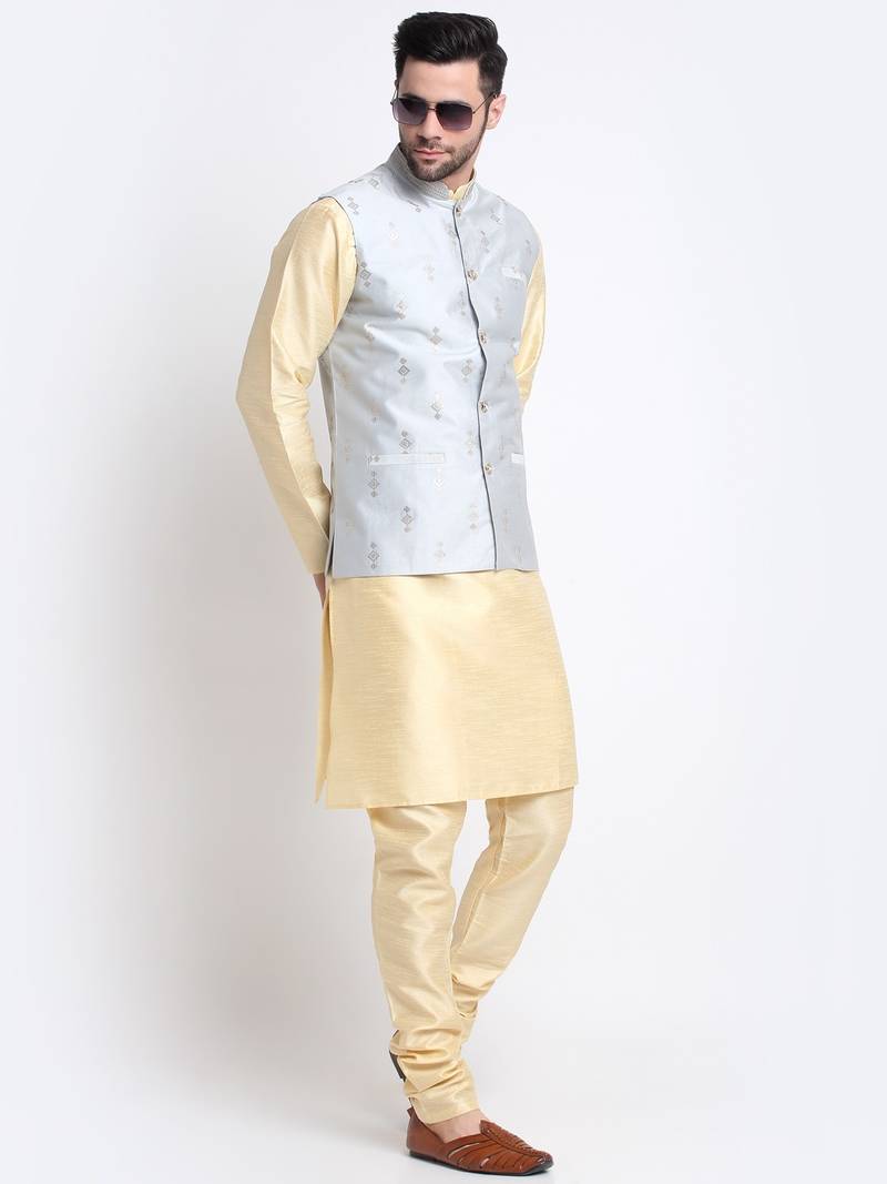 Men Fawn Kurta & Churidar with Grey Nehru Jacket
