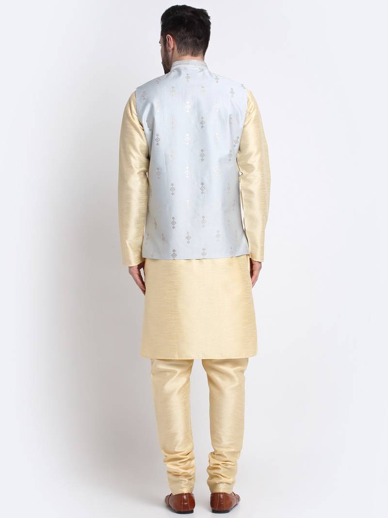Men Fawn Kurta & Churidar with Grey Nehru Jacket
