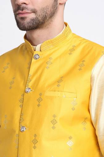 Men Fawn Kurta & Churidar with Yellow Nehru Jacket