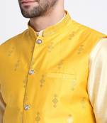 Men Fawn Kurta & Churidar with Yellow Nehru Jacket
