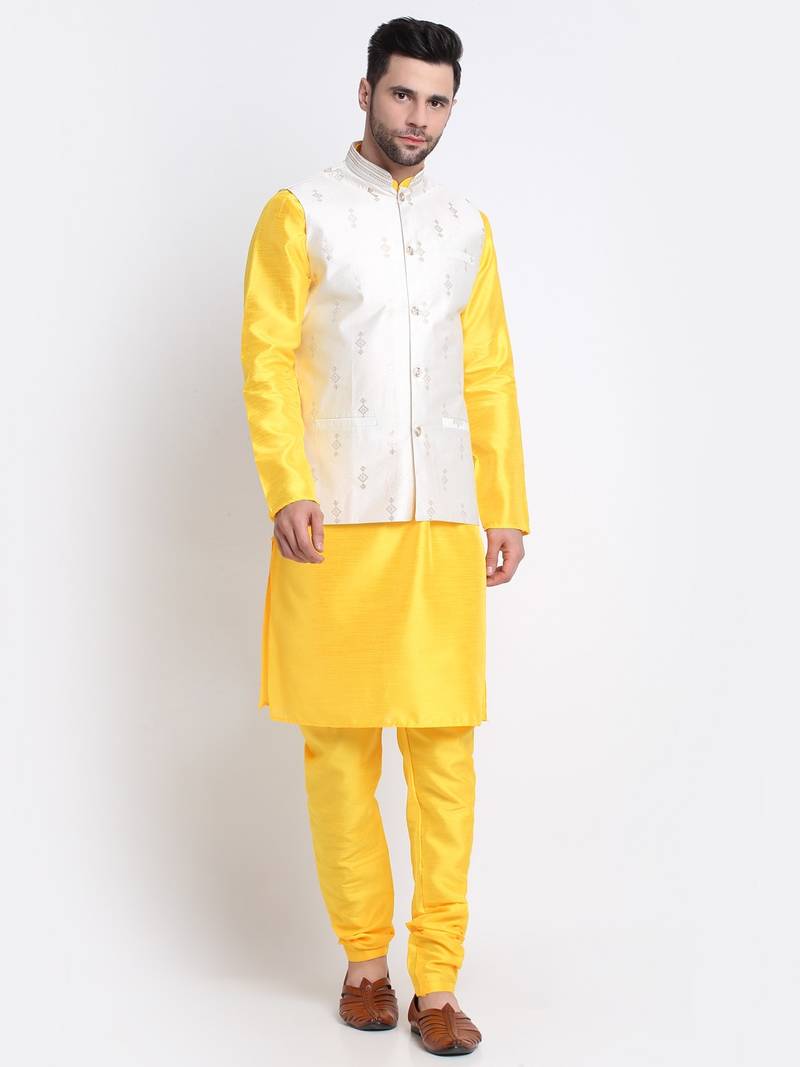 Men Yellow Kurta & Churidar with Cream Nehru Jacket