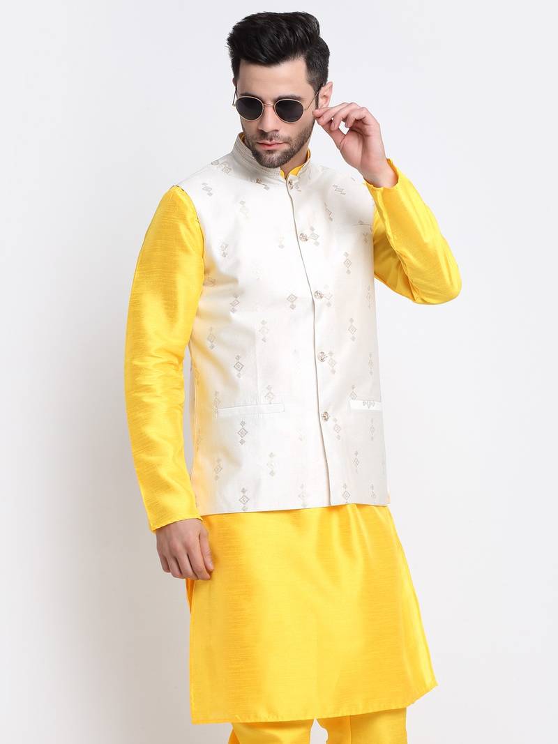 Men Yellow Kurta & Churidar with Cream Nehru Jacket