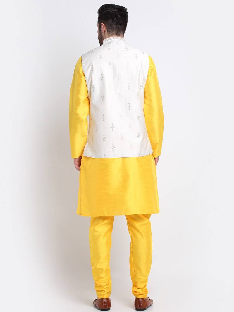 Men Yellow Kurta & Churidar with Cream Nehru Jacket