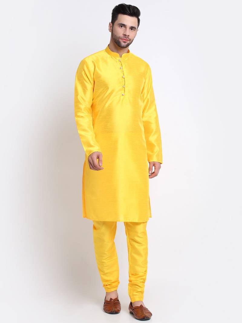 Men Yellow Kurta & Churidar with Cream Nehru Jacket