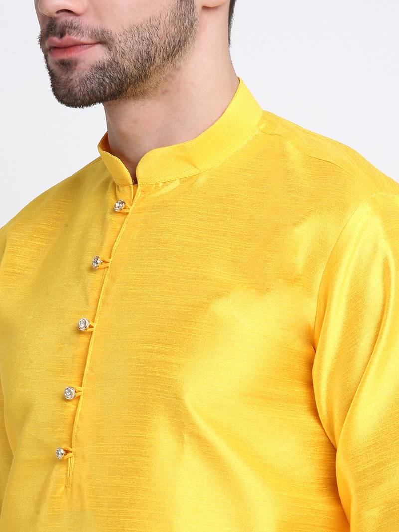 Men Yellow Kurta & Churidar with Cream Nehru Jacket