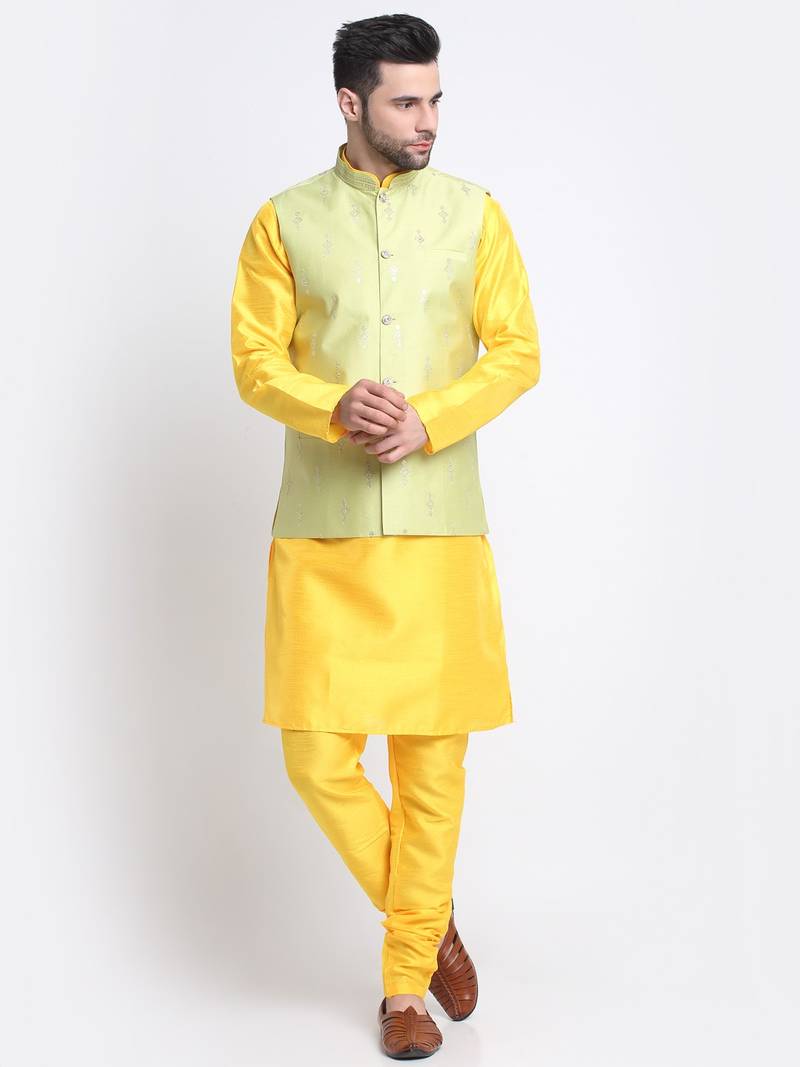 Men Yellow Kurta & Churidar with Green Nehru Jacket