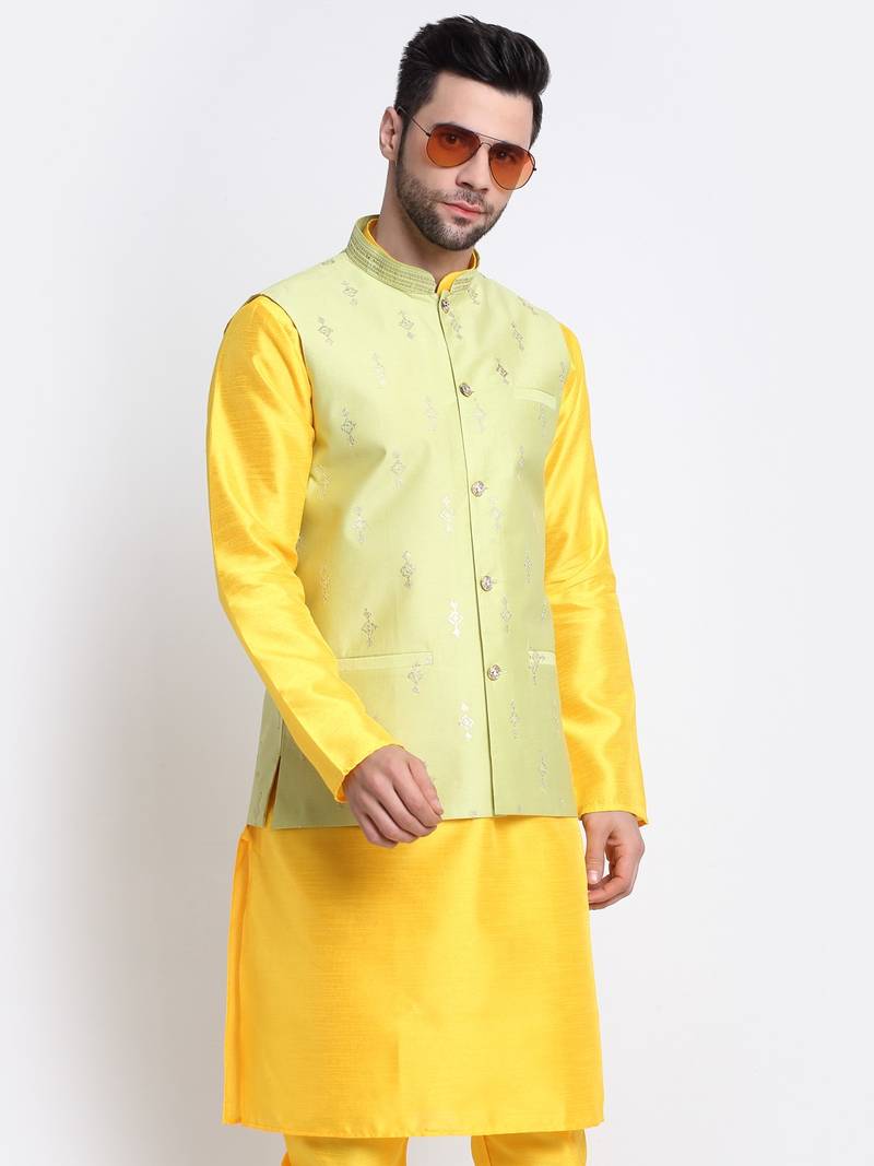 Men Yellow Kurta & Churidar with Green Nehru Jacket