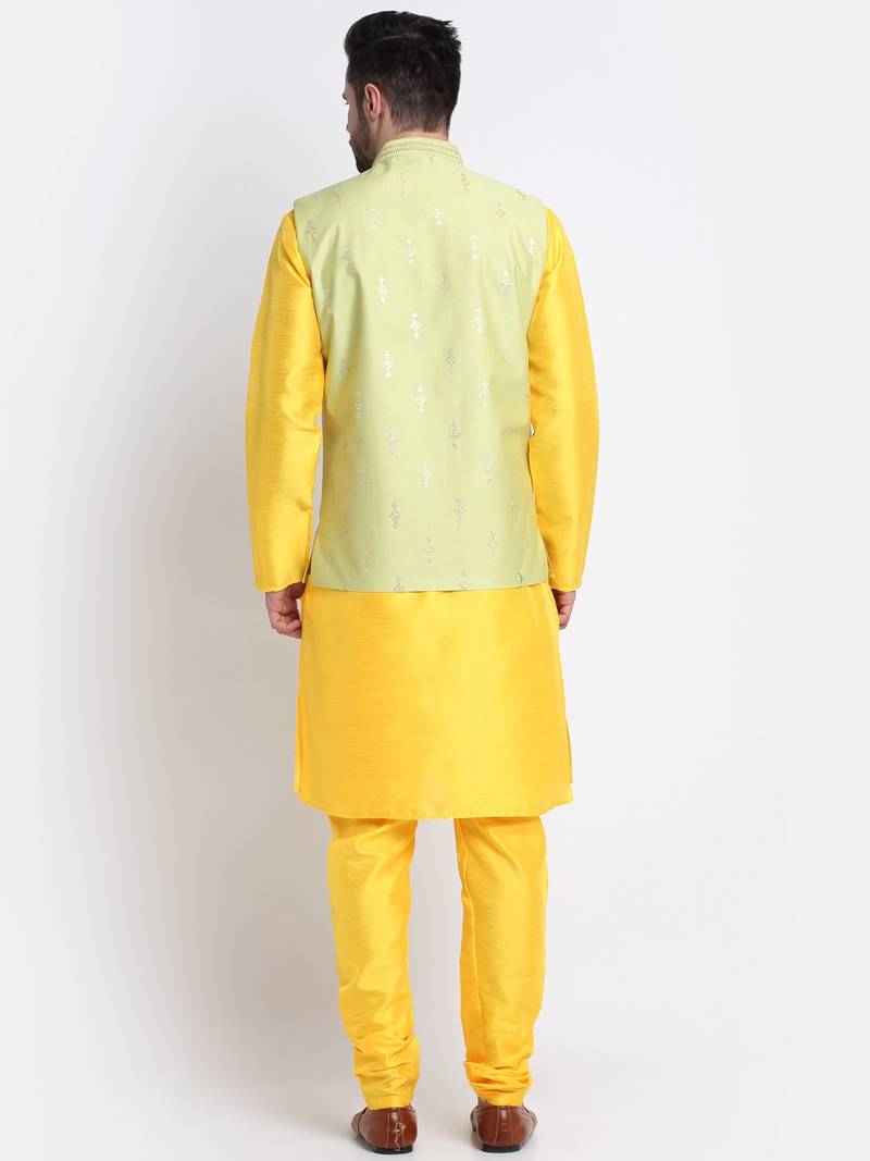 Men Yellow Kurta & Churidar with Green Nehru Jacket