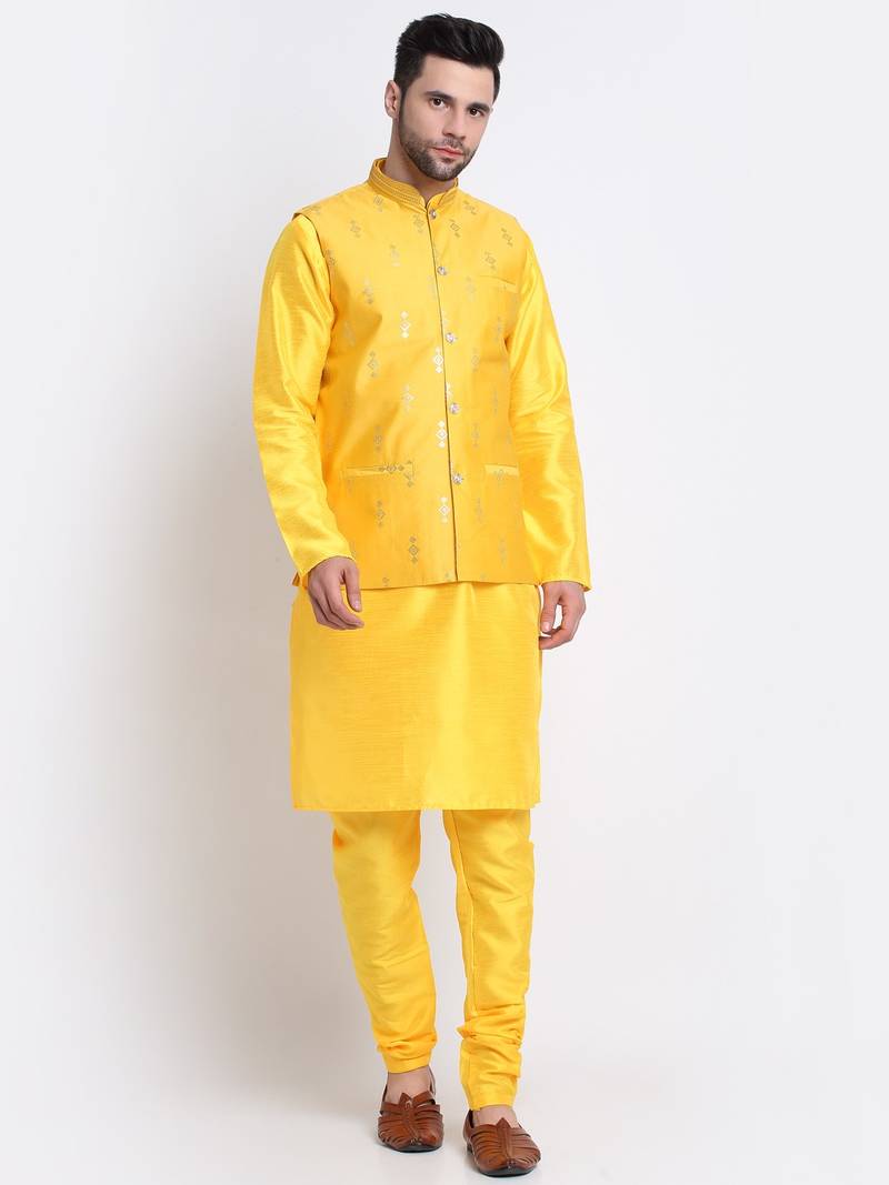 Men Yellow Kurta & Churidar with Yellow Nehru Jacket
