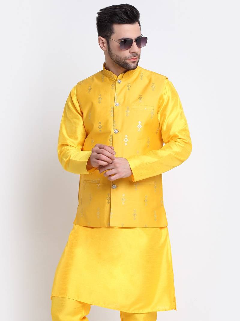 Men Yellow Kurta & Churidar with Yellow Nehru Jacket