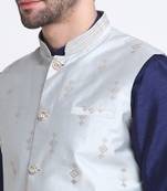 Men Navy Blue Kurta & Churidar with Grey Nehru Jacket