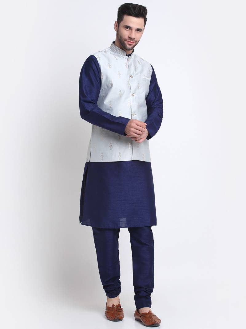 Men Navy Blue Kurta & Churidar with Grey Nehru Jacket