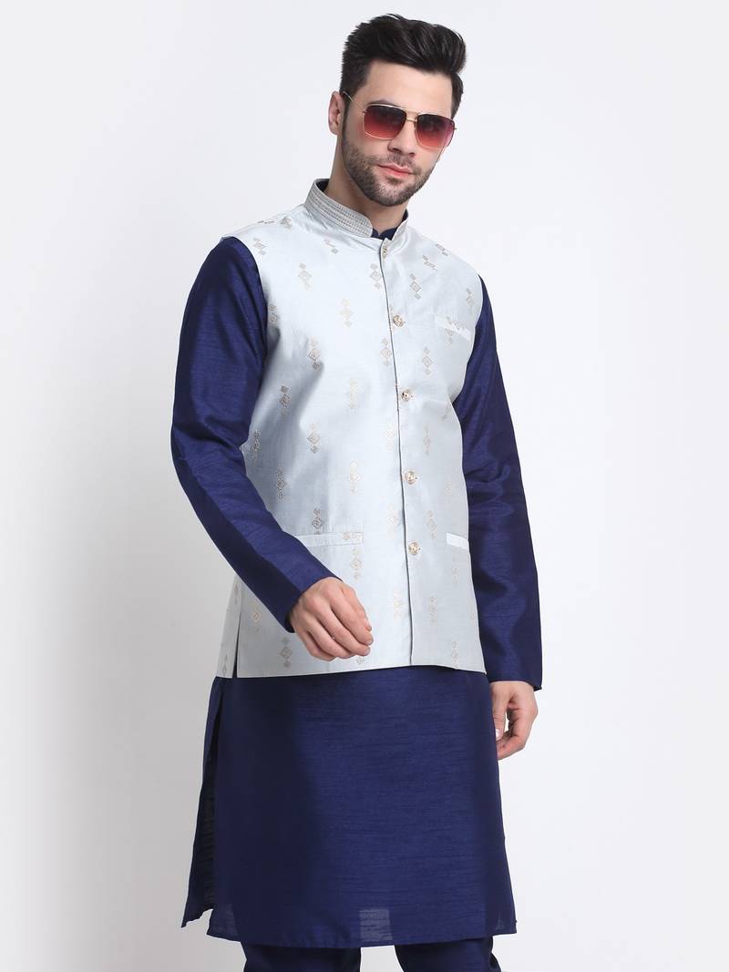 Men Navy Blue Kurta & Churidar with Grey Nehru Jacket