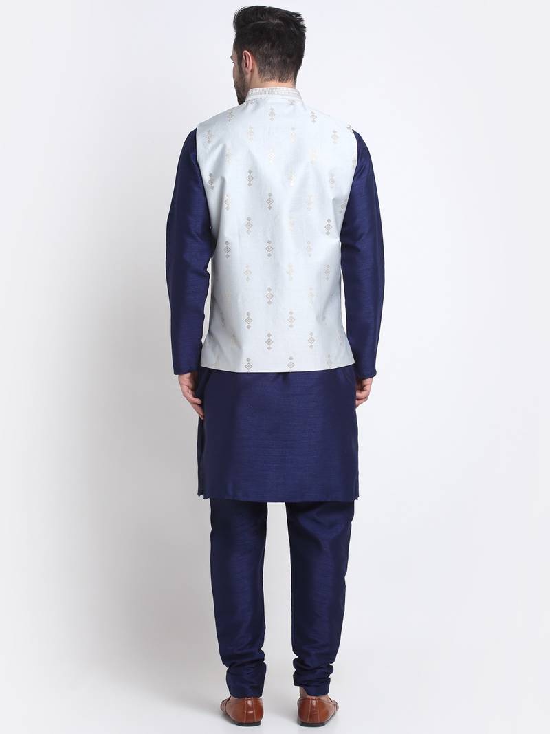 Men Navy Blue Kurta & Churidar with Grey Nehru Jacket
