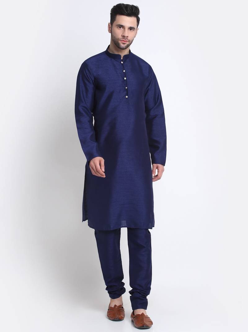 Men Navy Blue Kurta & Churidar with Grey Nehru Jacket