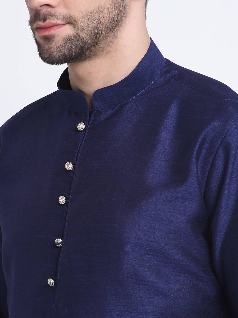 Men Navy Blue Kurta & Churidar with Grey Nehru Jacket