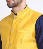 Men Navy Blue Kurta & Churidar with Yellow Nehru Jacket