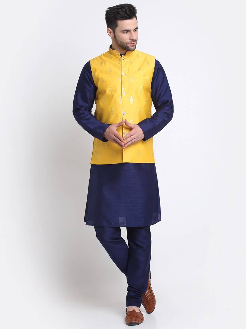 Men Navy Blue Kurta & Churidar with Yellow Nehru Jacket