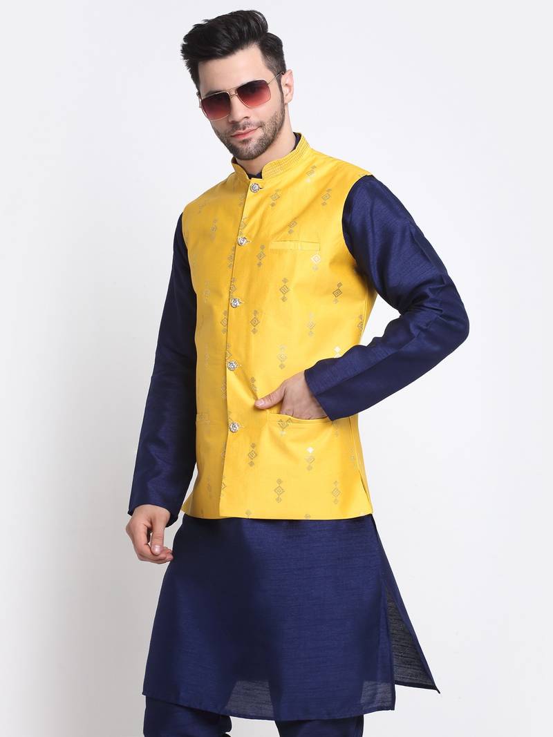Men Navy Blue Kurta & Churidar with Yellow Nehru Jacket