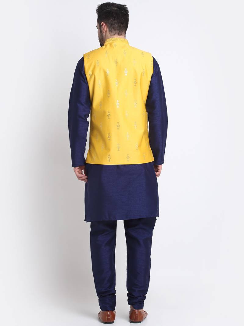 Men Navy Blue Kurta & Churidar with Yellow Nehru Jacket
