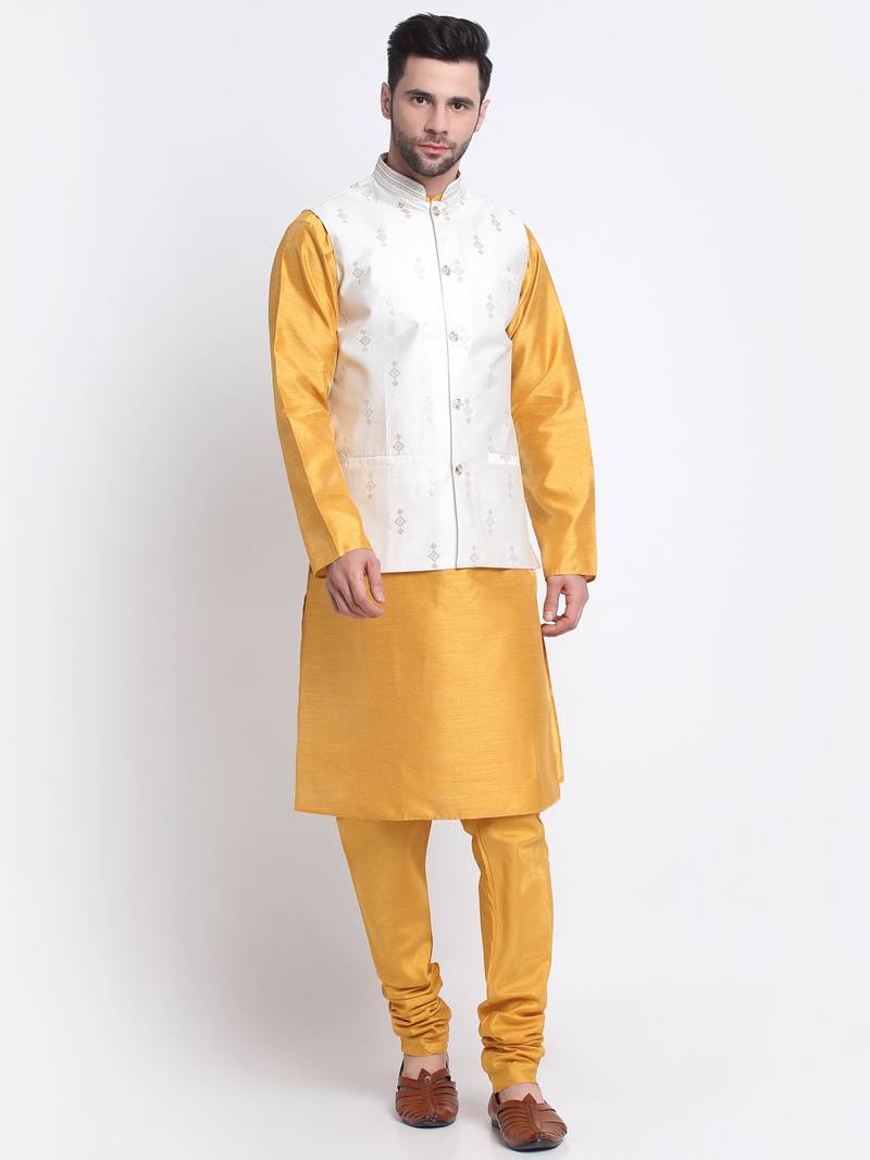 Men Mustard Kurta & Churidar with Cream Nehru Jacket