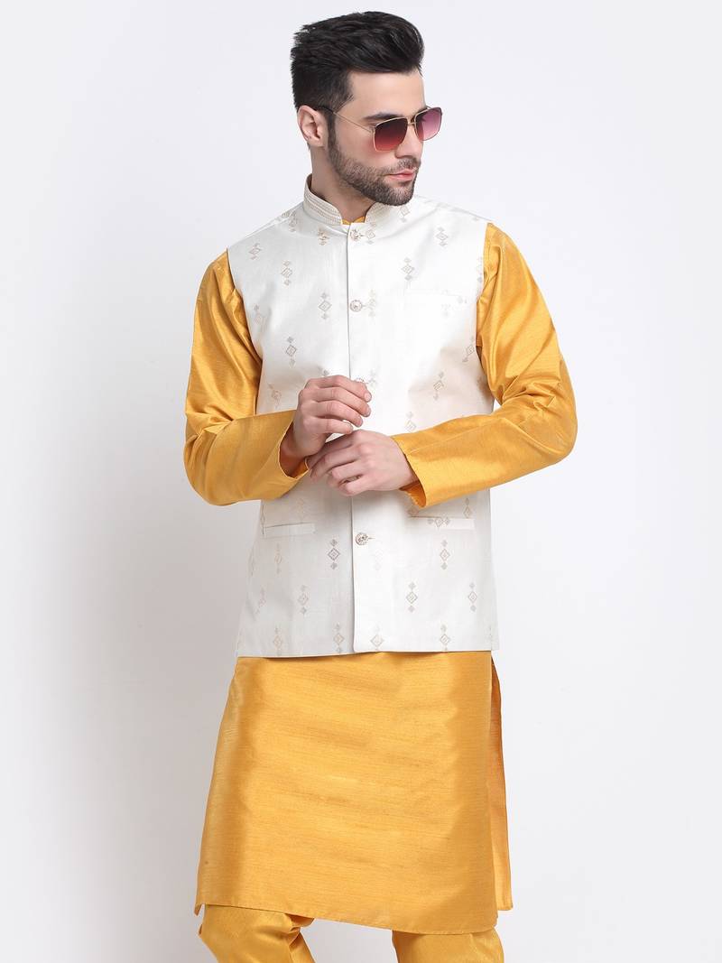 Men Mustard Kurta & Churidar with Cream Nehru Jacket
