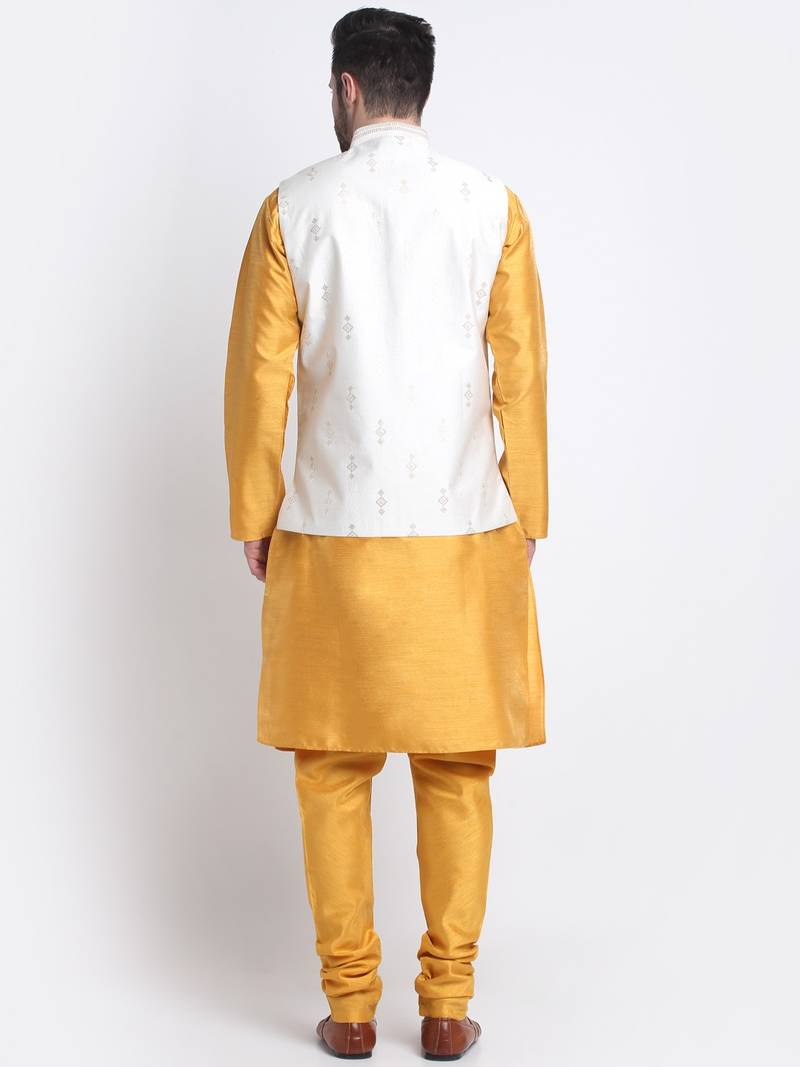 Men Mustard Kurta & Churidar with Cream Nehru Jacket