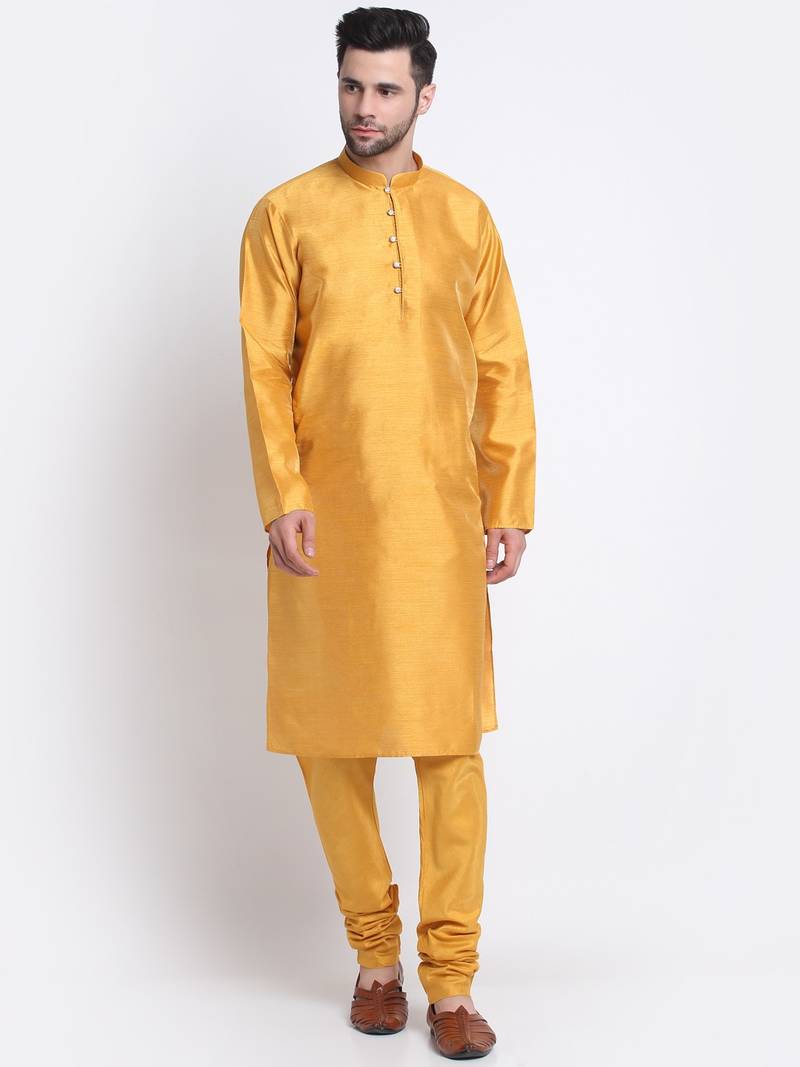 Men Mustard Kurta & Churidar with Cream Nehru Jacket