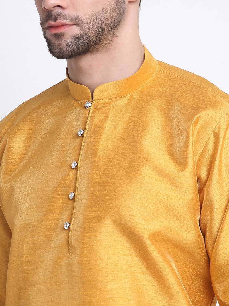 Men Mustard Kurta & Churidar with Cream Nehru Jacket
