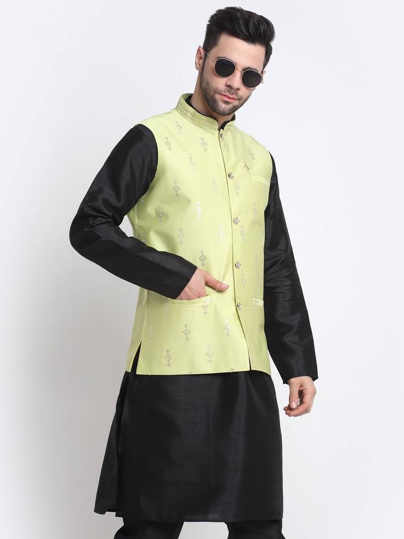Men Black Kurta & Churidar with Green Nehru Jacket