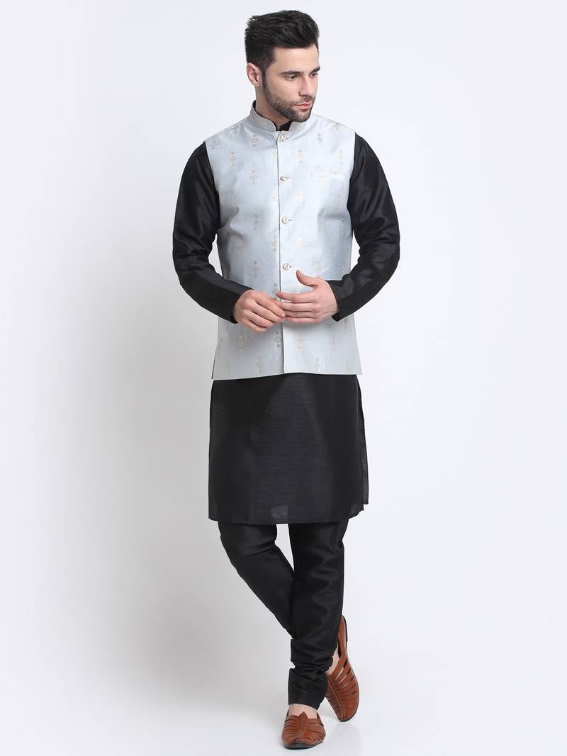 Men Black Kurta & Churidar with Grey Nehru Jacket