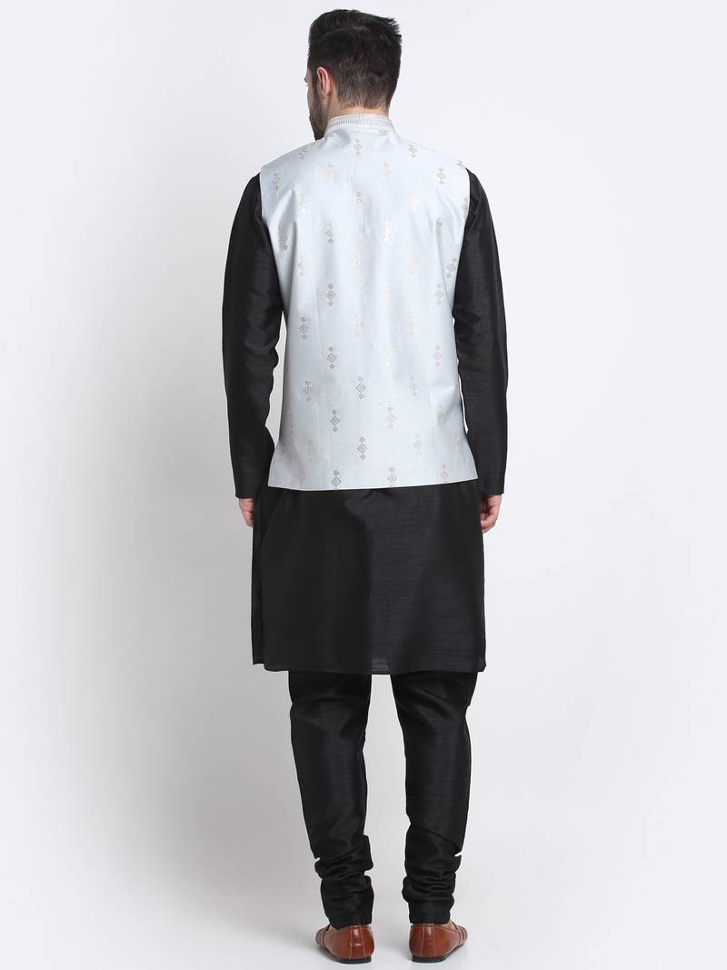 Men Black Kurta & Churidar with Grey Nehru Jacket