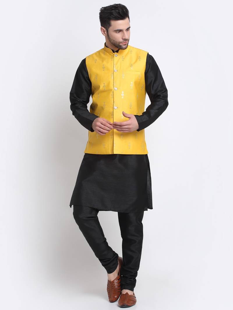Men Black Kurta & Churidar with Yellow Nehru Jacket