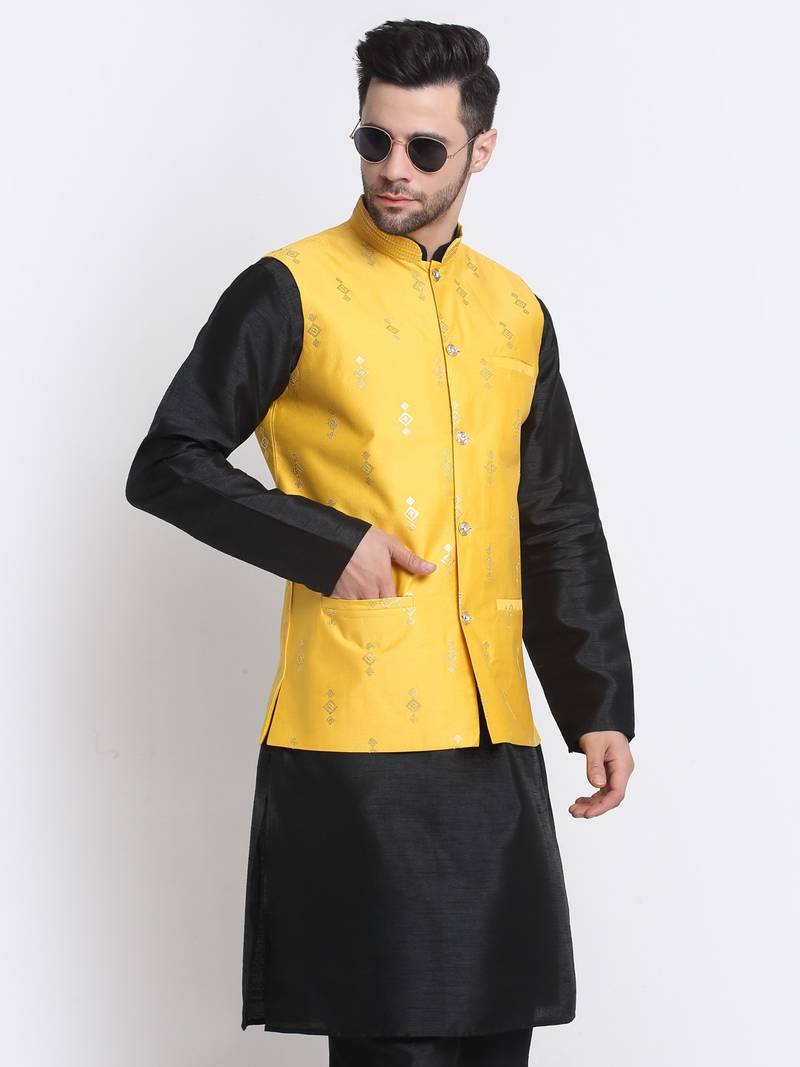 Men Black Kurta & Churidar with Yellow Nehru Jacket